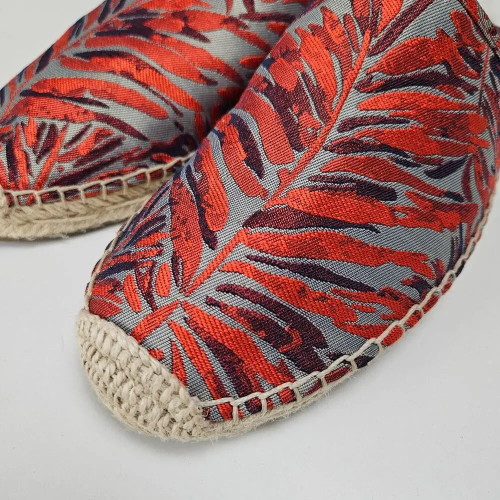 Marc Fisher Gift Espadrille Mules 8.5 Orange Grey Jacquard‎ Palm Leaves Slip On